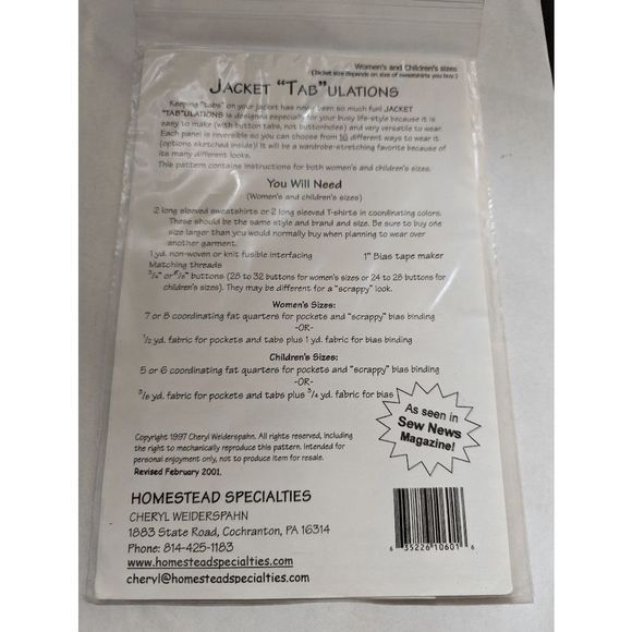 Vintage Homestead Specialties Jacket Tabulations sewing pattern women children - Picture 2 of 2